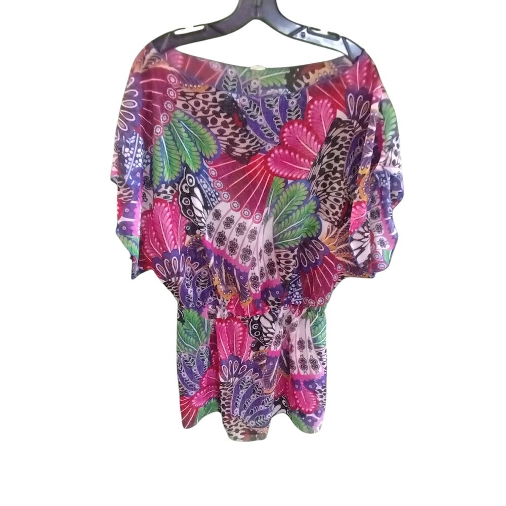 Y2K Xhilaration Women's size M Tropical Colorful Resort  Sheer Boho Beachy Top‎